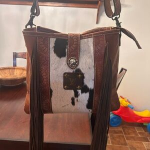 NWT Myra bag Brown and White Cowhide Fringe Bag LV patch